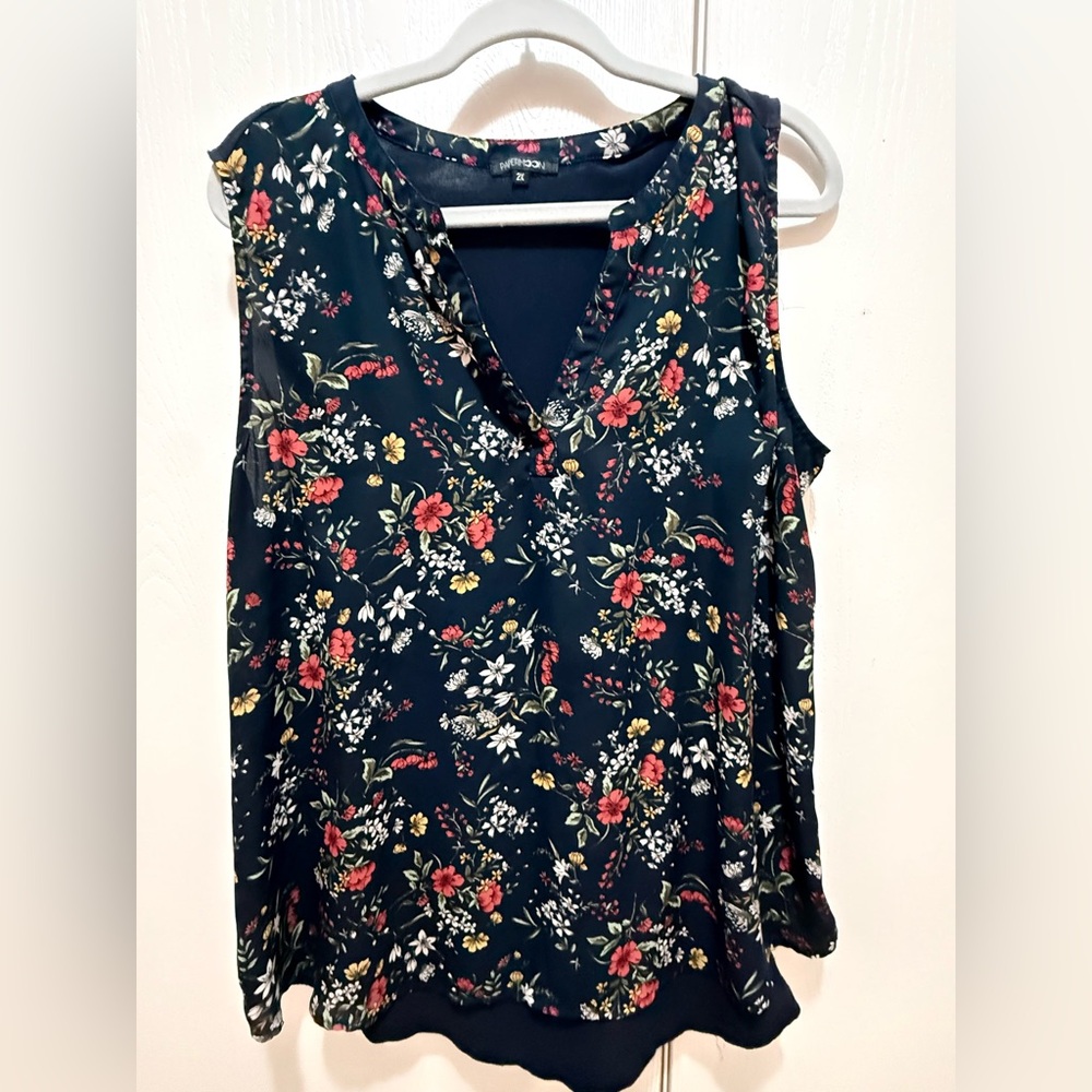 Papermoon Floral Sleeveless V-Neck Top - Navy with Red, White & Yellow Flowers
